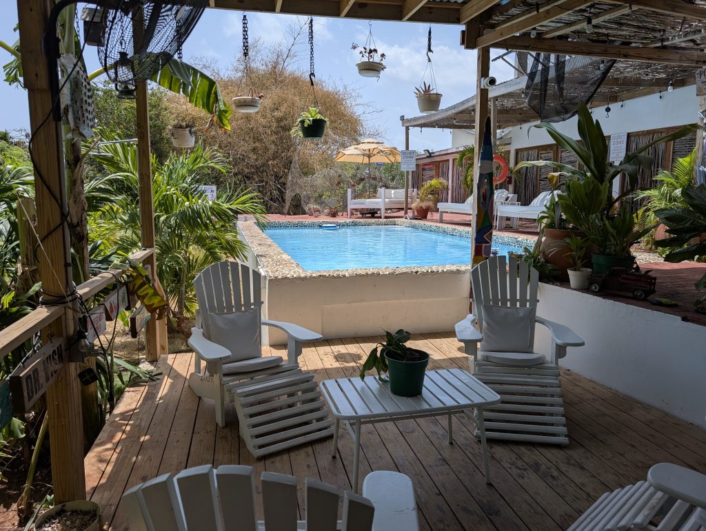 Rustic seating at Lashings Beach Club, Treasure Beach, Jamaica.