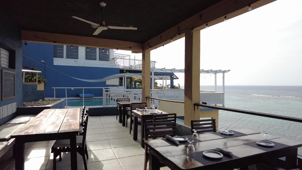Ocean view from terrace at Moxon’s Beach Club in St. Mary, Jamaica.