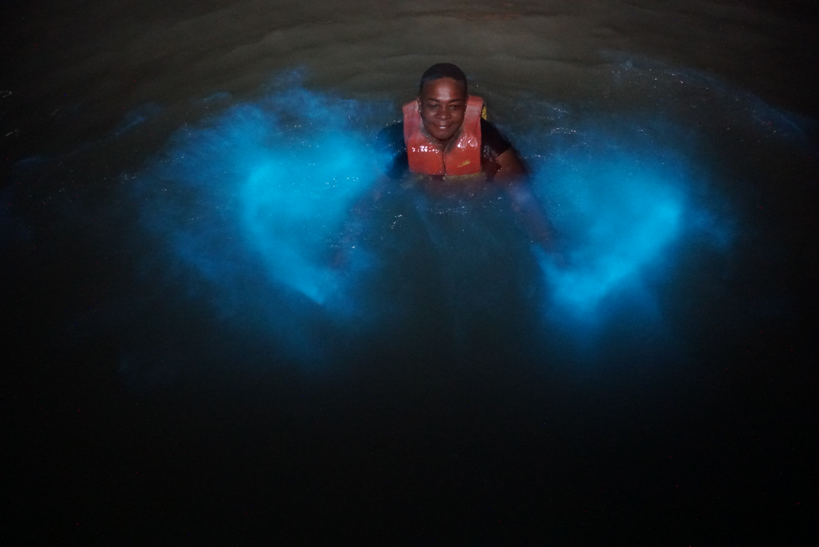 “Night view of Luminous Lagoon glowing blue in Jamaica”